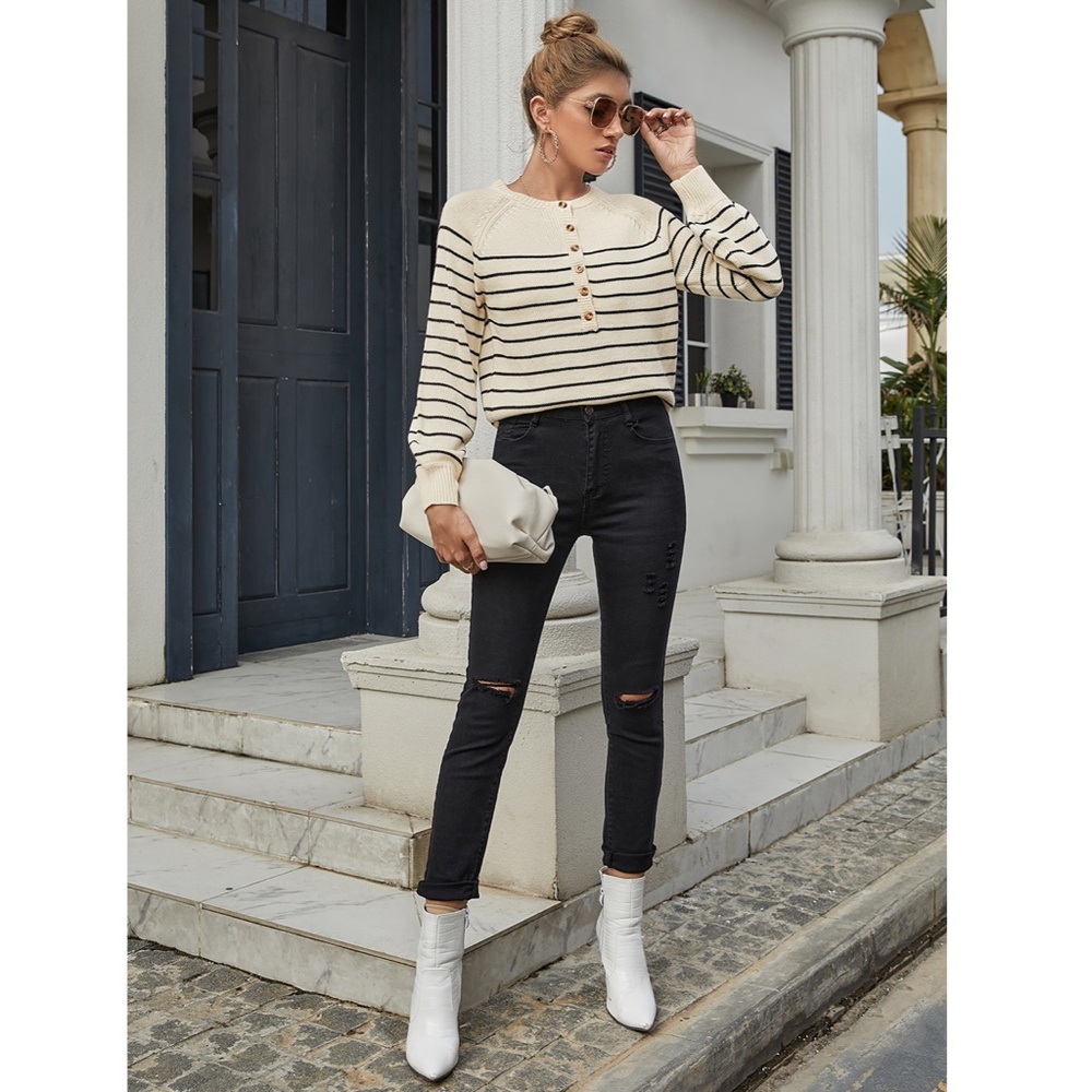 Striped Beige Henley Style Sweater - Picture 4 of 6